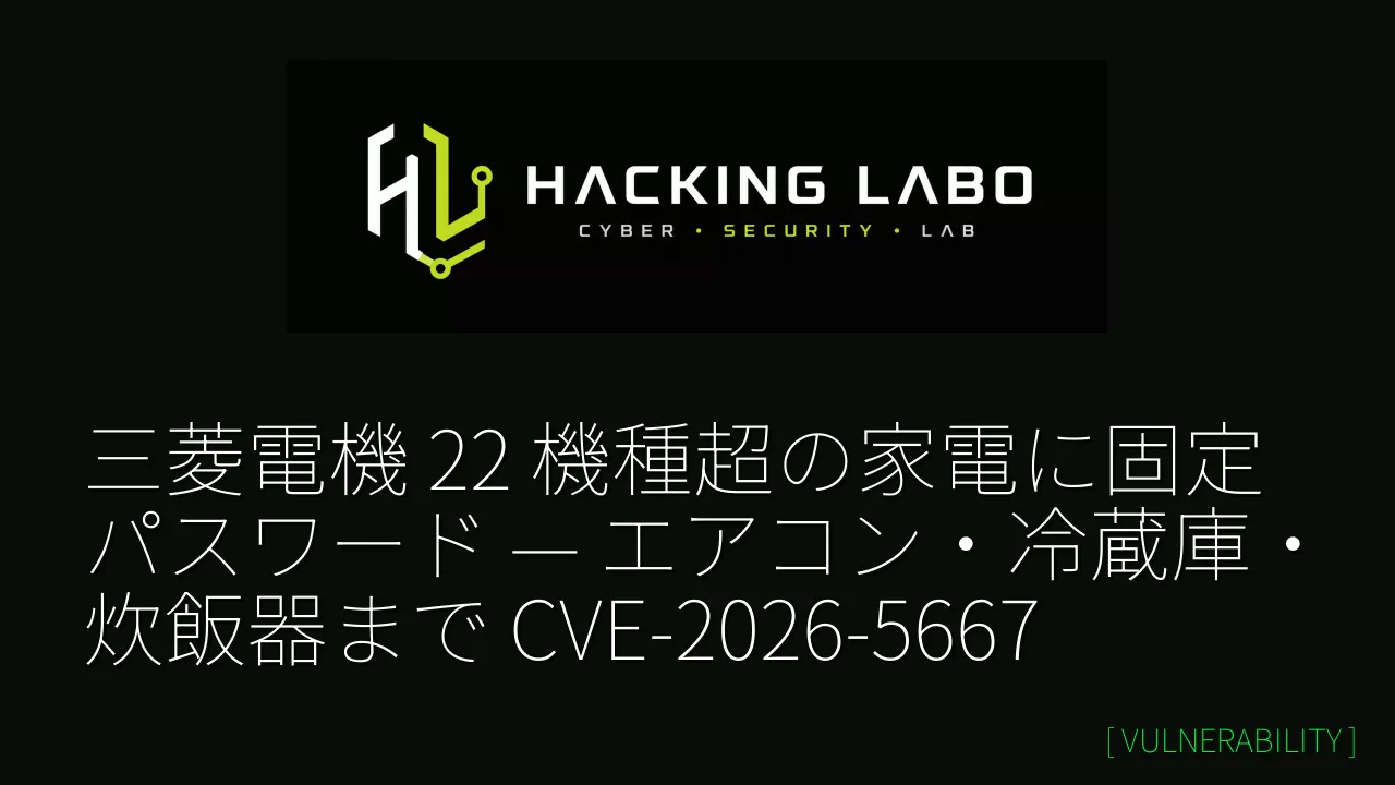 三菱電機 22 機種超の家電に固定パスワード — エアコン・冷蔵庫・炊飯器まで CVE-2026-5667 thumbnail