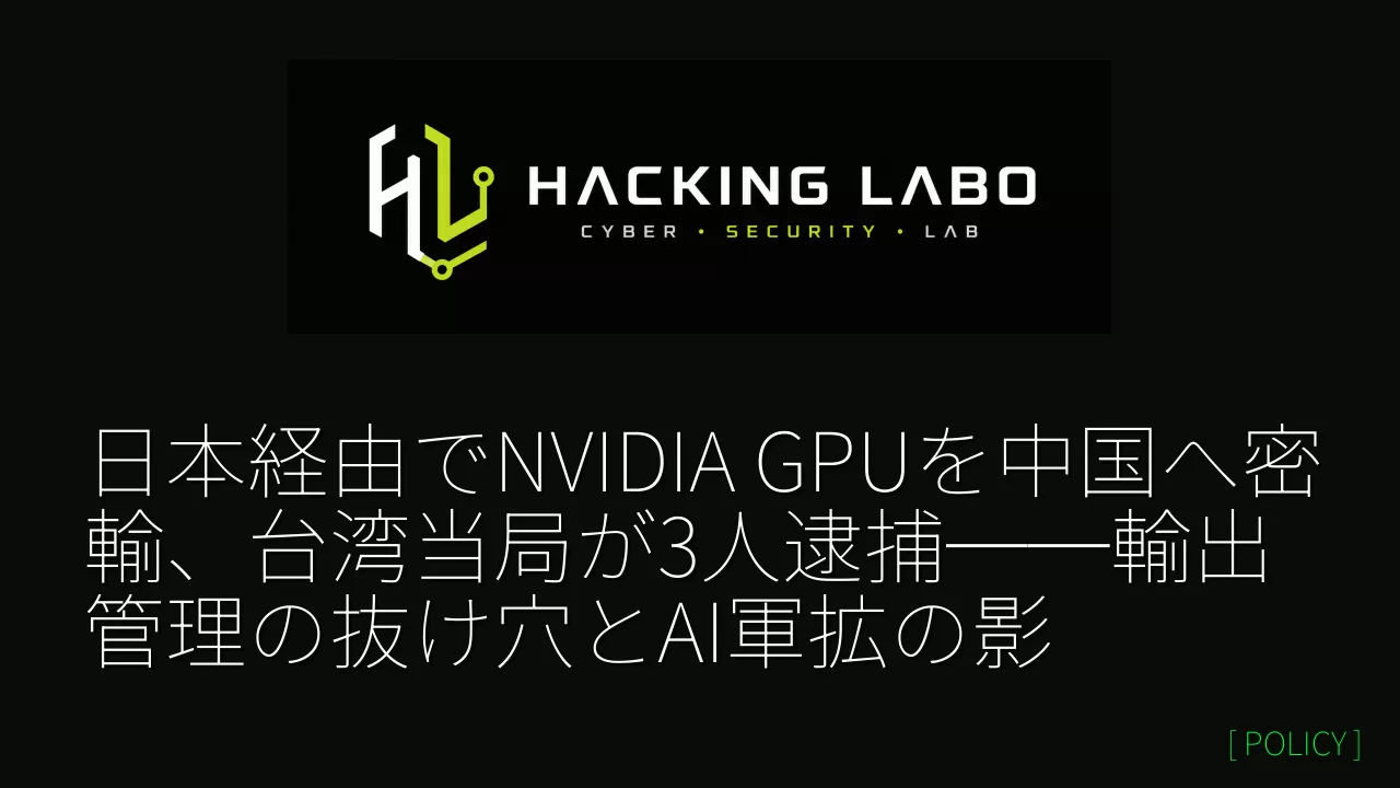日本経由でNVIDIA GPUを中国へ密輸、台湾当局が3人逮捕──輸出管理の抜け穴とAI軍拡の影 thumbnail