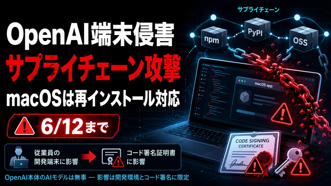 OpenAI、サプライチェーン攻撃で従業員端末侵害 — macOS 版アプリは 6/12 までに対応必須 thumbnail