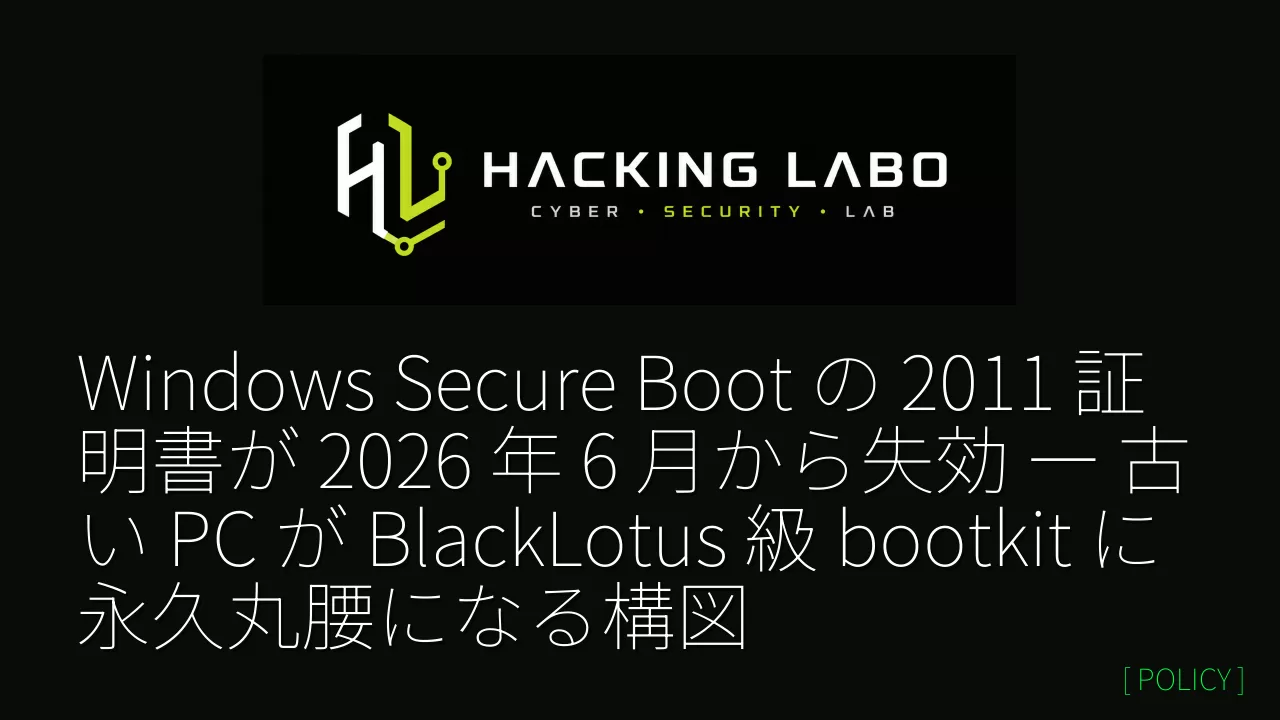 Windows Secure Boot の 2011 証明書が 2026 年 6 月から失効 ― 古い PC が BlackLotus 級 bootkit に永久丸腰になる構図 thumbnail
